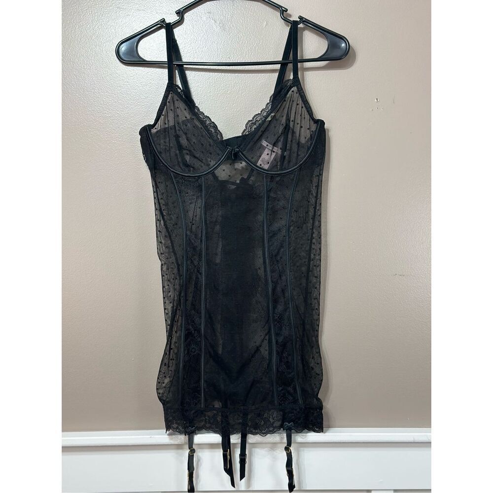 NWOT Victoria's Secret Black Sheer Polka Dot Corset Lace Teddy OnePiece Lingerie